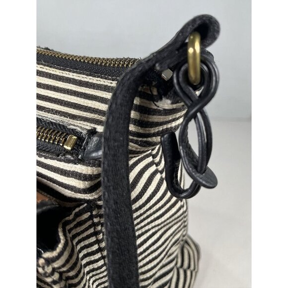 Fossil Kinley Black White Canvas Fabric Striped Brown Leather Crossbody Bag - Picture 16 of 16